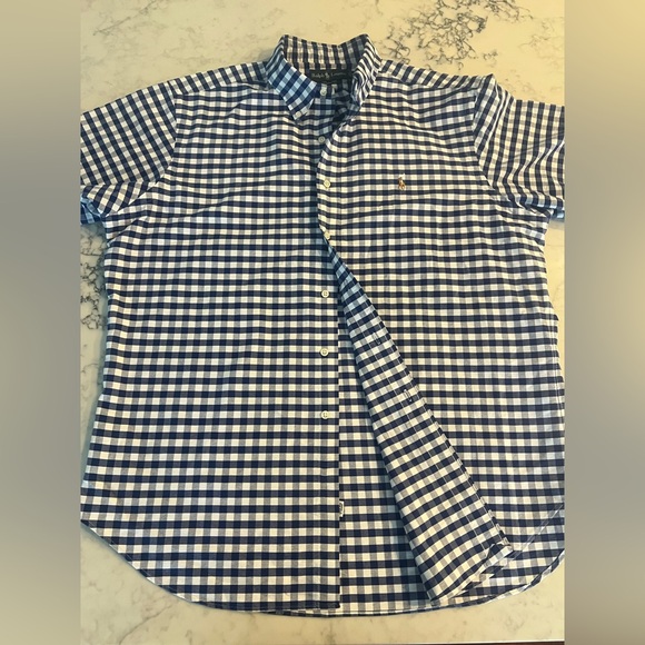 Ralph Lauren Men  Short Shirt Blue White Gingham XL Classic Fit Preppy Pony EUC - Picture 1 of 8